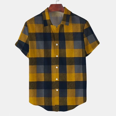 Short Sleeve-Cotton Yellow Grey Check