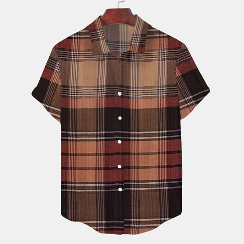 Short Sleeve-Cotton Brown Red Check