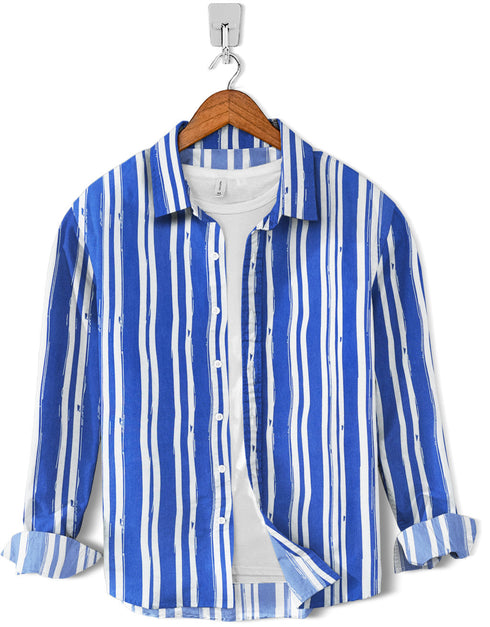 Linen Shirt-Royal White Strips Print