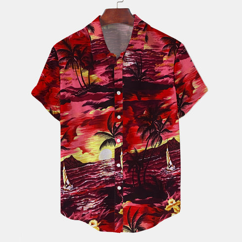 Short Sleeve-Linen Red Sunset Print