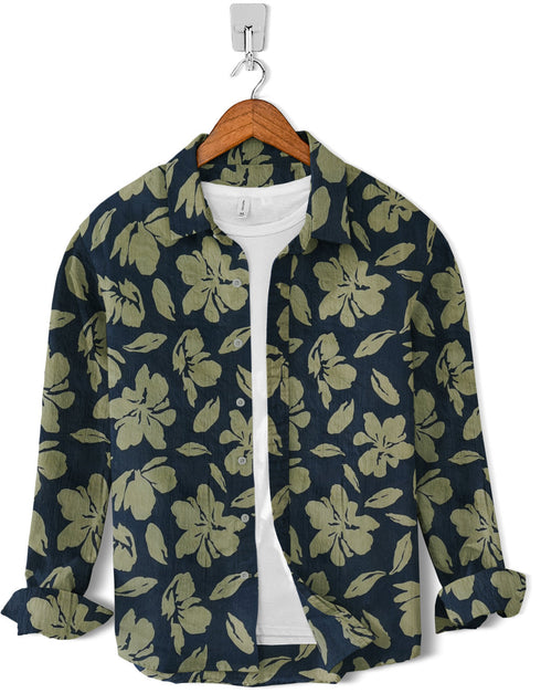Casual Shirt-Cotton Olive Flower Print on Black
