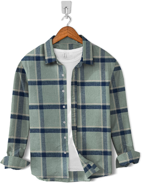 Casual Shirt- Flannel Creamy Green Blue Line Check