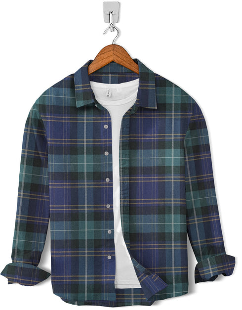 Casual Shirt- Flannel Green Blue White Line Check