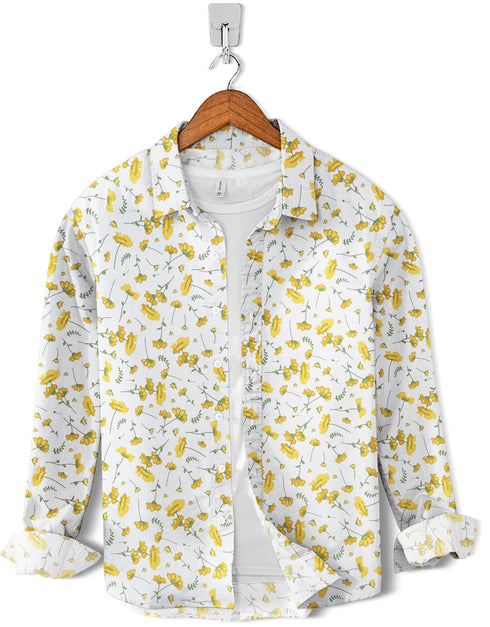 Casual Shirt- Linen Yellow Flowers on White